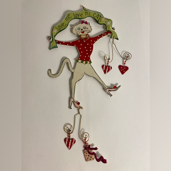 Vintage cat irnament Love Me Love My Cat White Kitty Girl hearts whimsical art - Picture 2 of 9